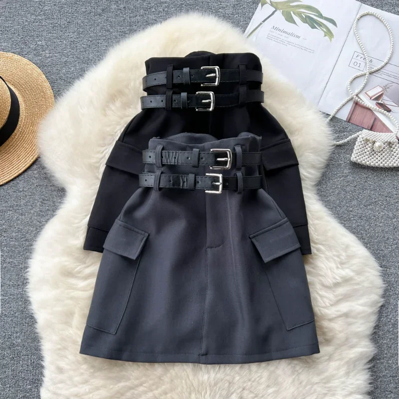 Hikigawa Summer High Waist Double Belt 2023 Summer Mini Skirts Vintage All Match Pocket Patchwork Solid Harajuku Roupas Feminina