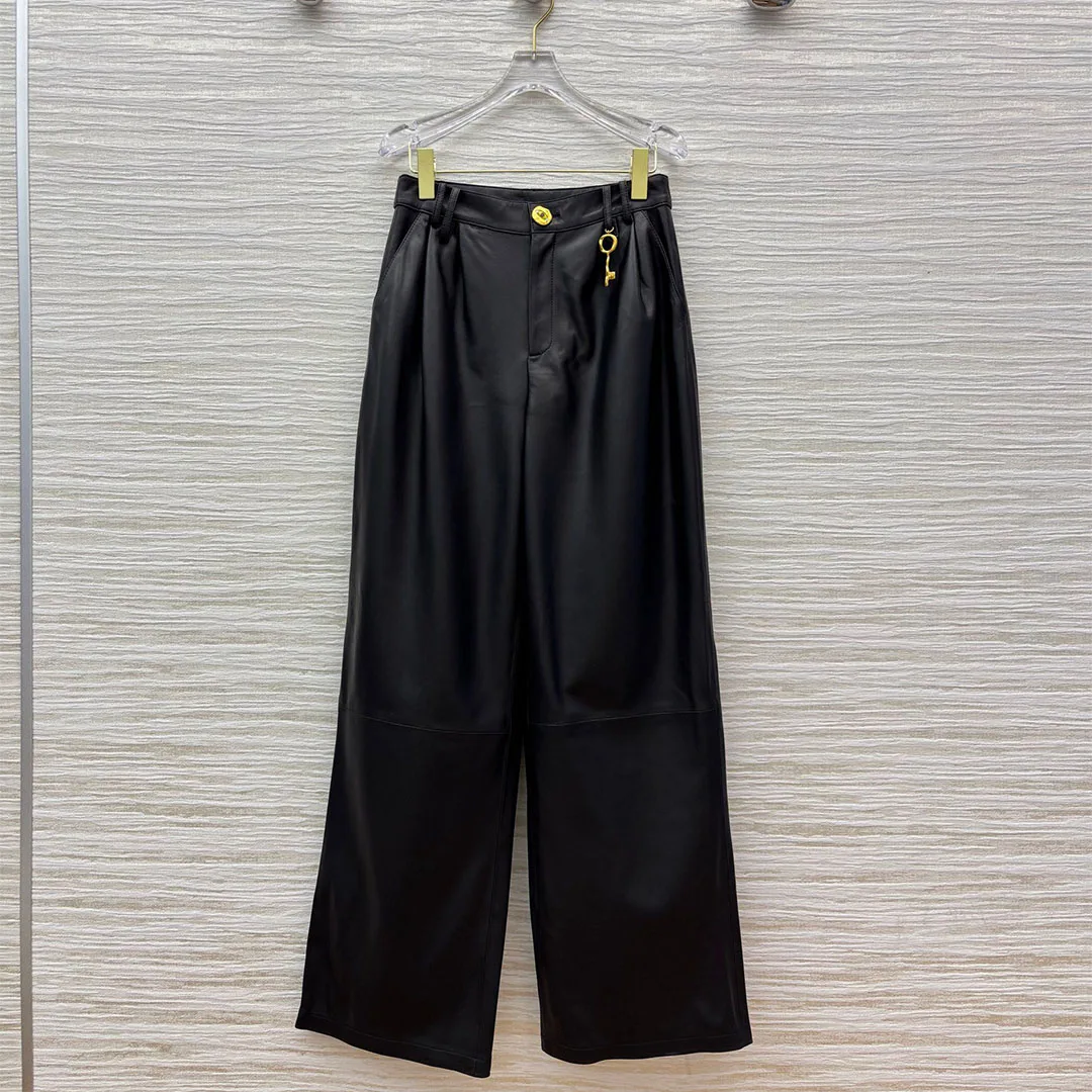 

High Quality Black Soft 100% Sheepskin Wide Leg Pants Women High Waist Eye Button Gold Key Genuine Leather Loose Long Trousers