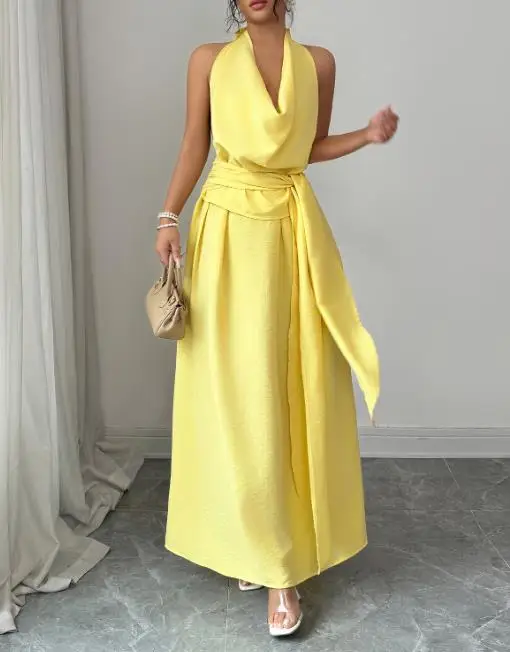 

Elegant Women's Dress Summer New French Fashionable Sexy Style Swing Collar Strap Waist Fake Two Piece Design Hanging Neck Dress