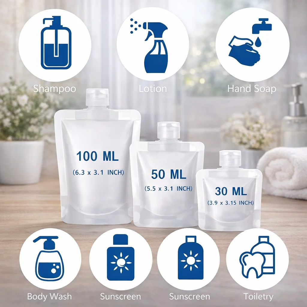 5 Pack Travel Size Toiletry bags, 30/50/100ml Refillable Stand-Up Liquid Containers for Shampoo, Conditioner & Lotion