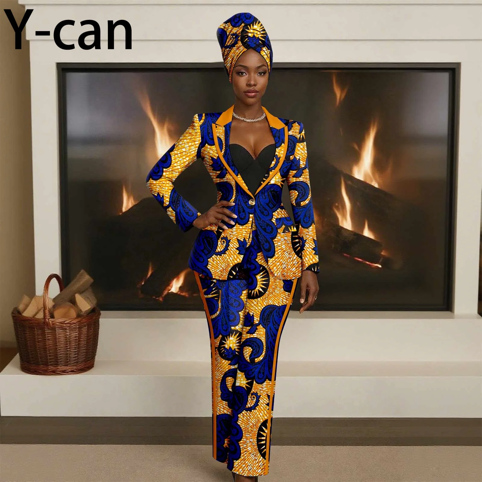 African Women Clothing for Party Jacket Suit Patchwork Ankara Wax Print Slim Fit Coat with Pocket Pants 2 Piece Set 2526072