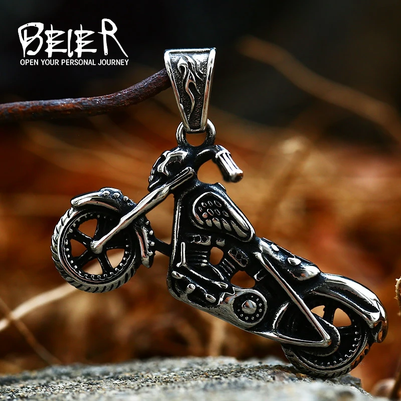 Beier New Store 316L Stainless Steel Pendant Necklace Skull Motorcycle Punk Man Pendant Fashion Jewelry LLBP8-130P