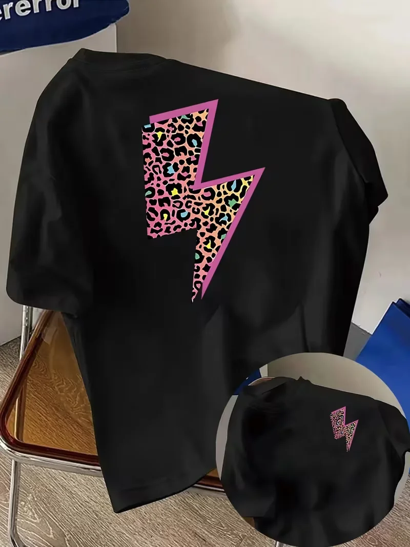 Leopard Lightning Graphic T-Shirt for Women,Casual Loose Crew Neck Short Sleeve, Y2K Trendy Print,Spring Summer Daily Casual Top