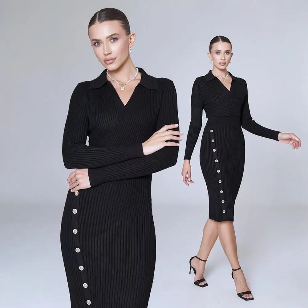 Womens Polo Neck Knitted Dress Long Sleeve Slim Bodycon Sweaters Autumn Winter Elegant Casual Office Commuter Gowns