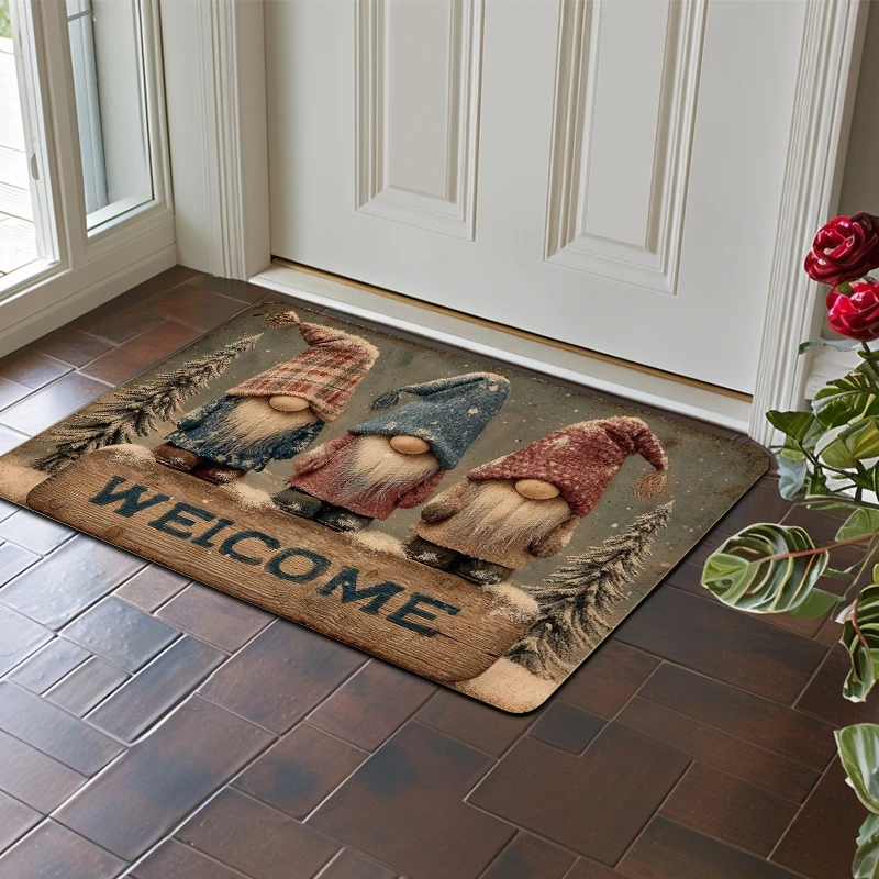 Rustic Winter Welcome Three Gnomes Pine Tree Snow Flannel Doormat Anti Slip Absorbent Front Door Mat Home Entrance Decor Rug
