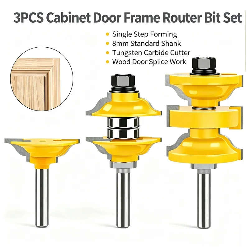 3PCS Door Frame Tenon Joining Router Bits One Step Forming Solid Wood Cabinet Door Milling Cutter 8mm Shank