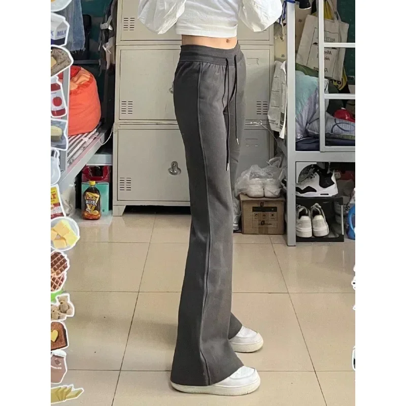 2025 New American Deep Gray Flared Pants Women High Waist Slim Fit Drawstring Straight Leg Sporty Casual Pants