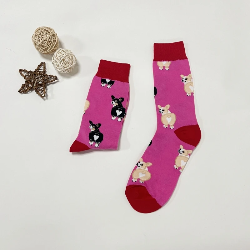 1 par de meias de cano médio femininas com padrão de corgi fofo de desenho animado personalizado para uso diário