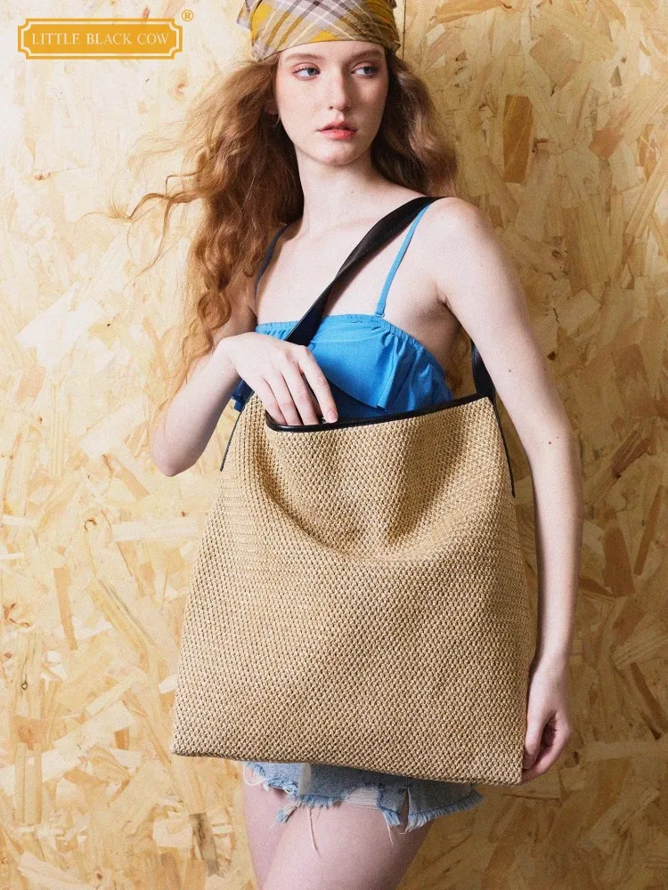 

Designer Summer Women Casual Totes Handbag Summer Holiday Straw Bag Cow Leather Spliced Beach Bag Vintage Bucket Shoulder Bags