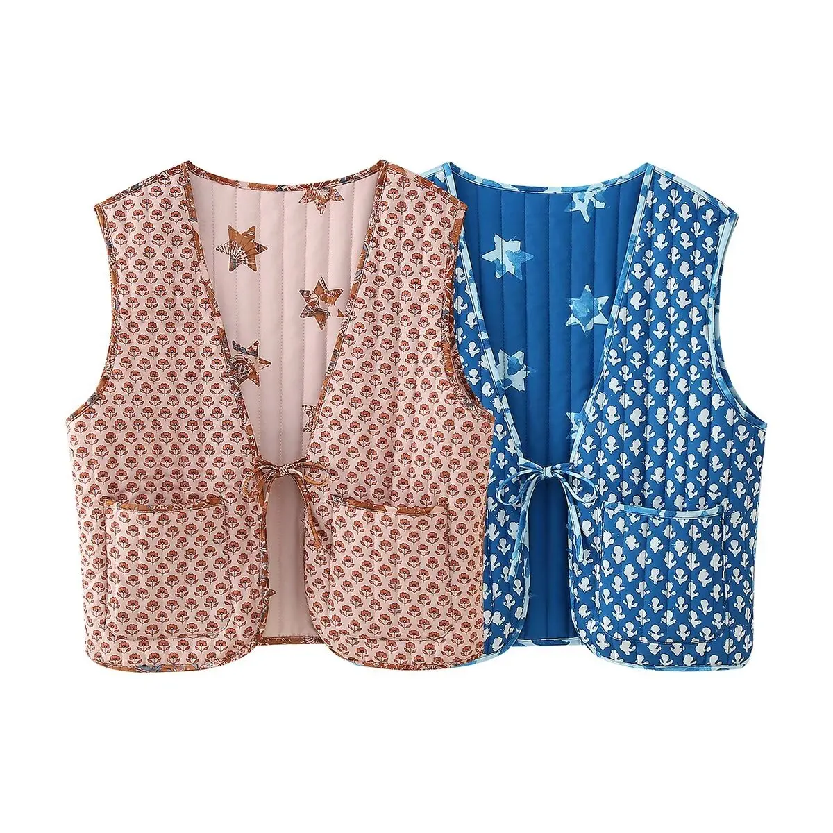 

Women's new fashion pocket decoration loose double-sided wear printed cotton vest retro V Neck lace up women's vest chic top