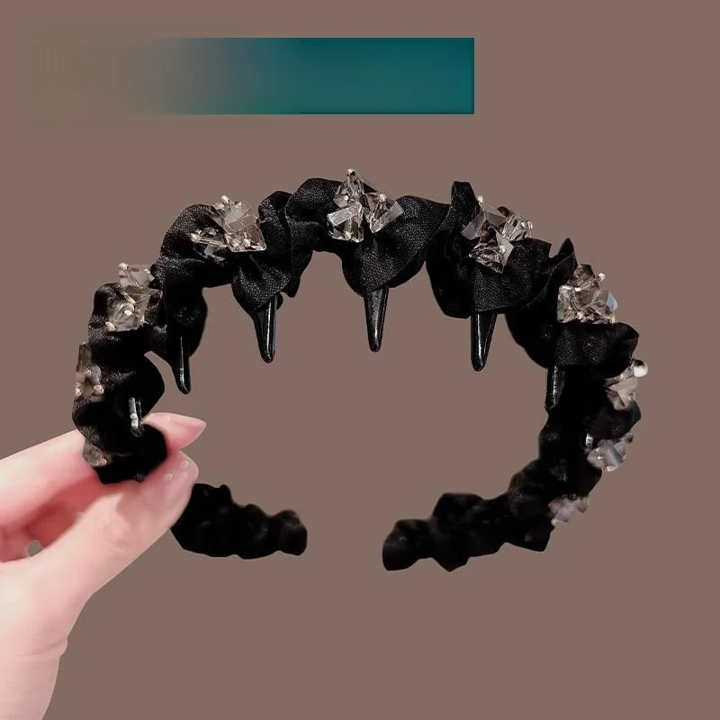 メアリージェーン-ブラックラインストーンヘアバンド-レディース-ハイフォーヘッドツール-ヘアクリップ-日常屋外着用-歯付き滑り止め洗顔ヘアバンド