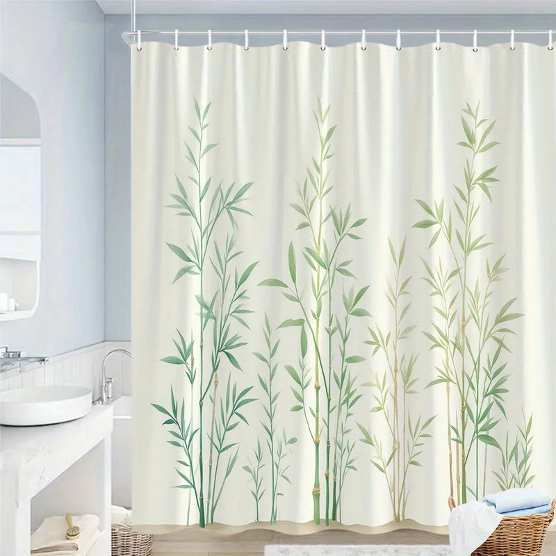 One Minimalist Shower Curtain Showcasing Vertically Arranged Green Stalks And Leaves on a Cream Backdrop, Offering a Clean, Asia