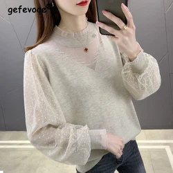 Spring Autumn Korean Style Mesh Patchwork Hollow Out Knitting Jumper Female Round Neck Sweater Temperament All-match Pullover