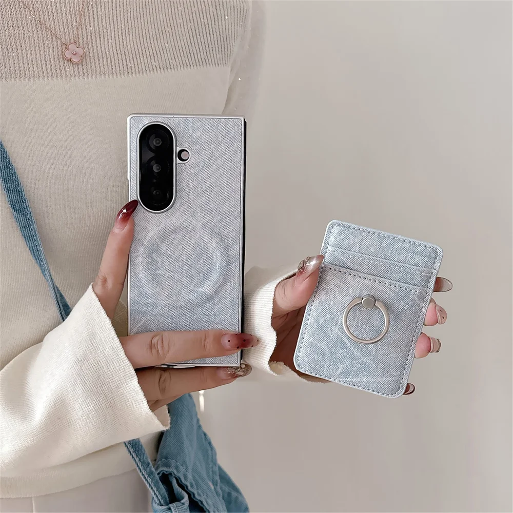 

Модный джинсовый чехол для телефона с магнитным креплением и держателем для карт для Samsung Galaxy Z Fold7, Z Fold6, Z Fold5, Z Fold4, чехол с кольцом-подставкой для Magsafe, забавный