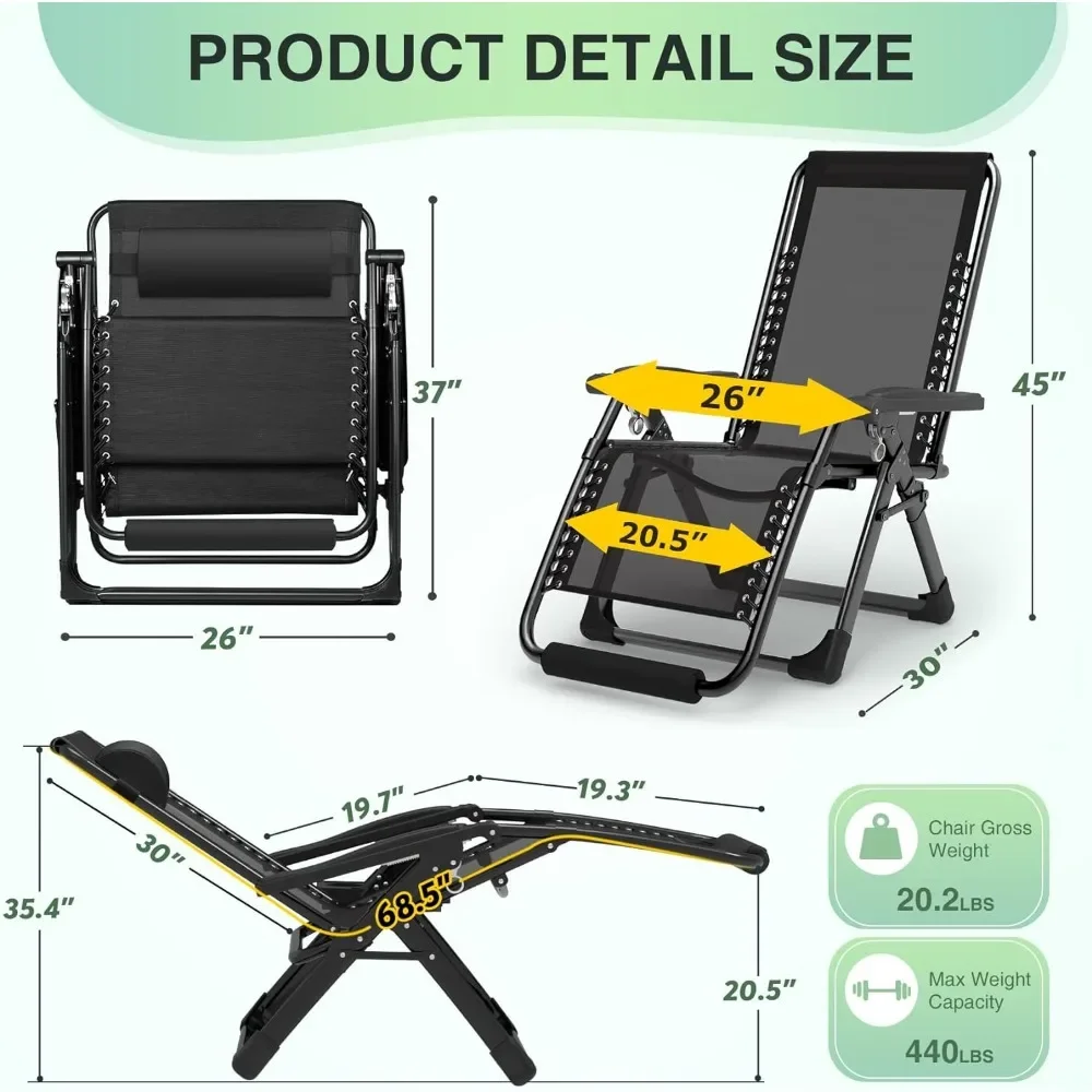 Zero Gravity Chair, 26In Lounge Chair W/Removable Cushion & Headrest, Reclining Camping Chair W/Upgraded Lock, Large Cup Holder