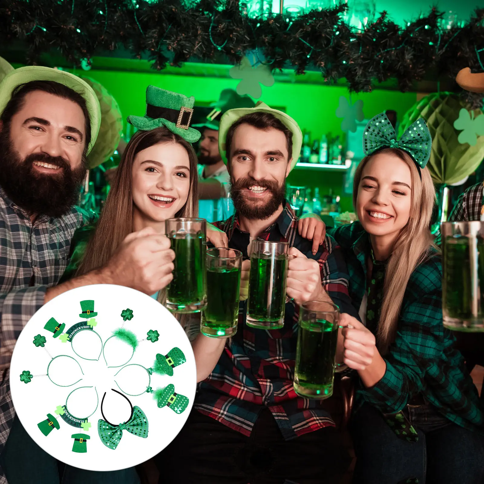 

6Pcs Green Shamrock Headband St Patrick Day Hair Accessory Lightweight Comfortable Secure Fit for Kids Adults Pets Festive Party