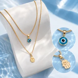 Turkish Lucky Double Layer Palm Evil Eyes Pendant Necklace for Women Micro Paved Rhinestone Eye Clavicle Chains Jewelry Gift