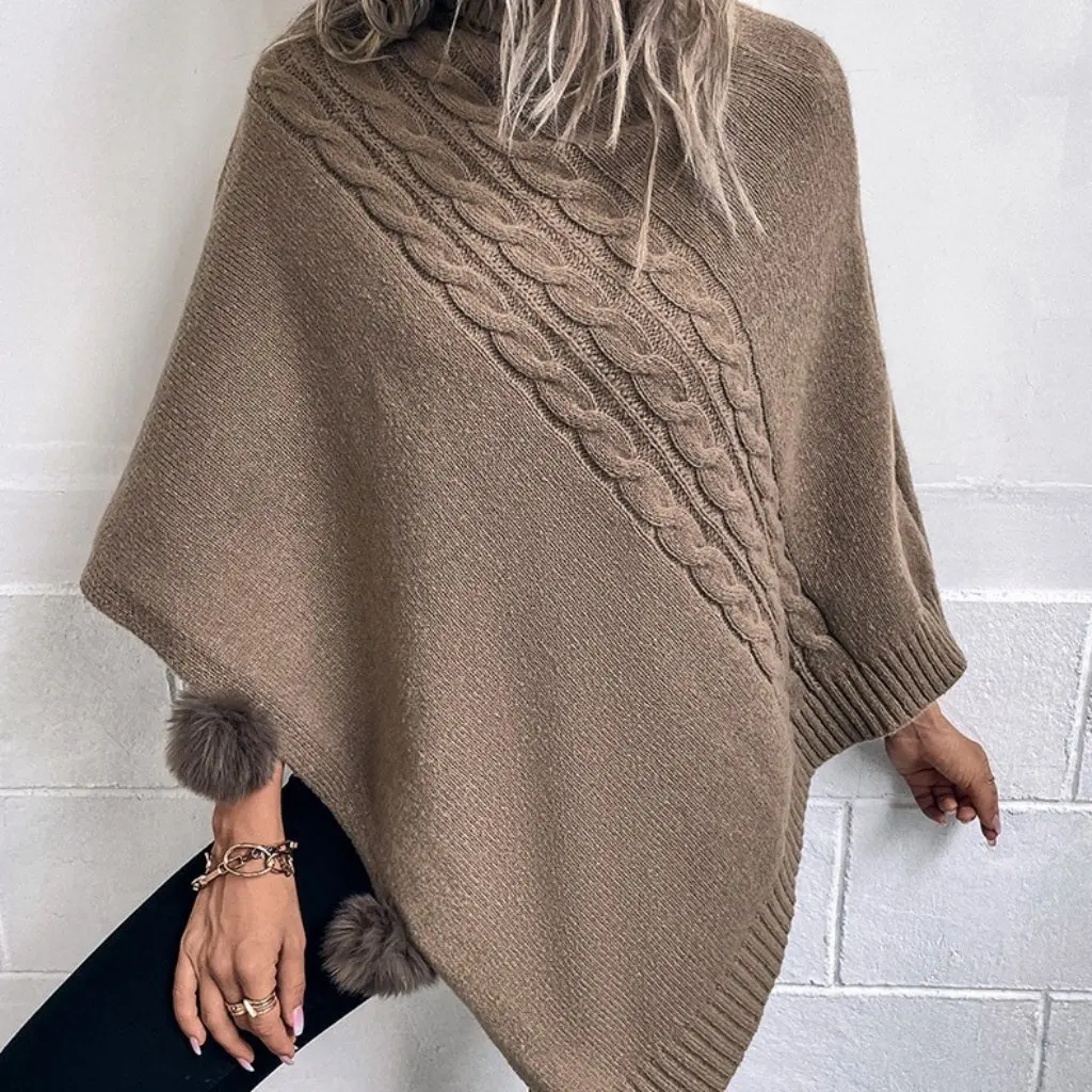 

Women's Fashion Solid Color Cape Sweater with Fur Ball Stitching Batwing Sleeves International Station Trade
