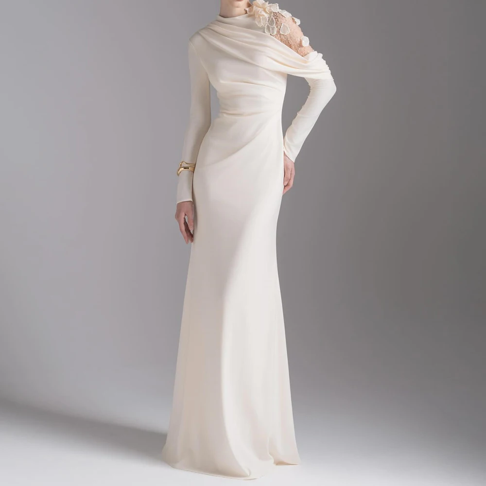 فساتين سهرة مخصصة على شكل حرف A بطول الأرض ورقبة عالية وأكمام طويلة فستان حفلات موضة زهور بسيطة ثنيات كاجوال للحفلات