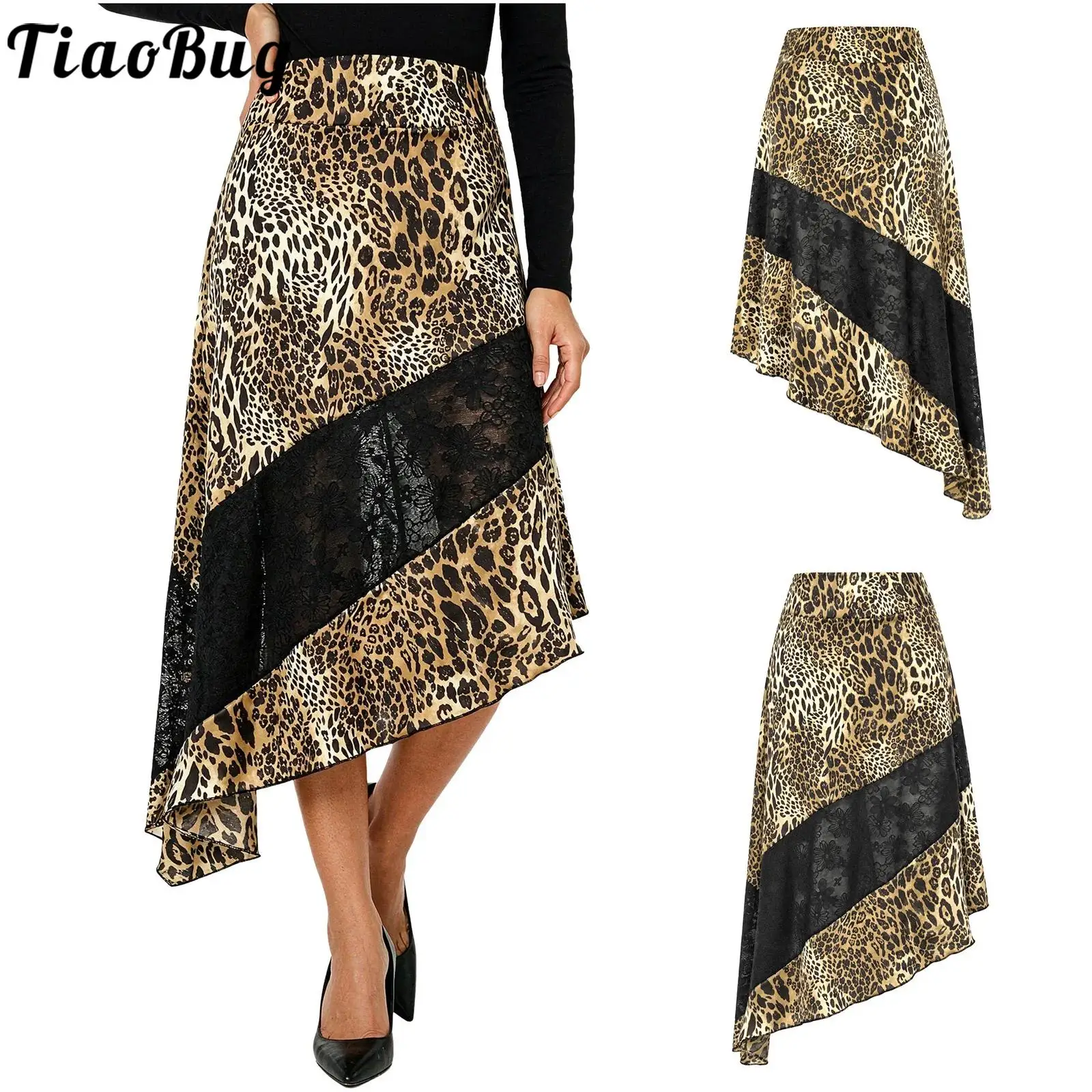Women Sheer Floral Lace Patchwork Leopard Skirts Zipper Irregular Hem Midi Skirt for Club Office Party Music Festival Holiday