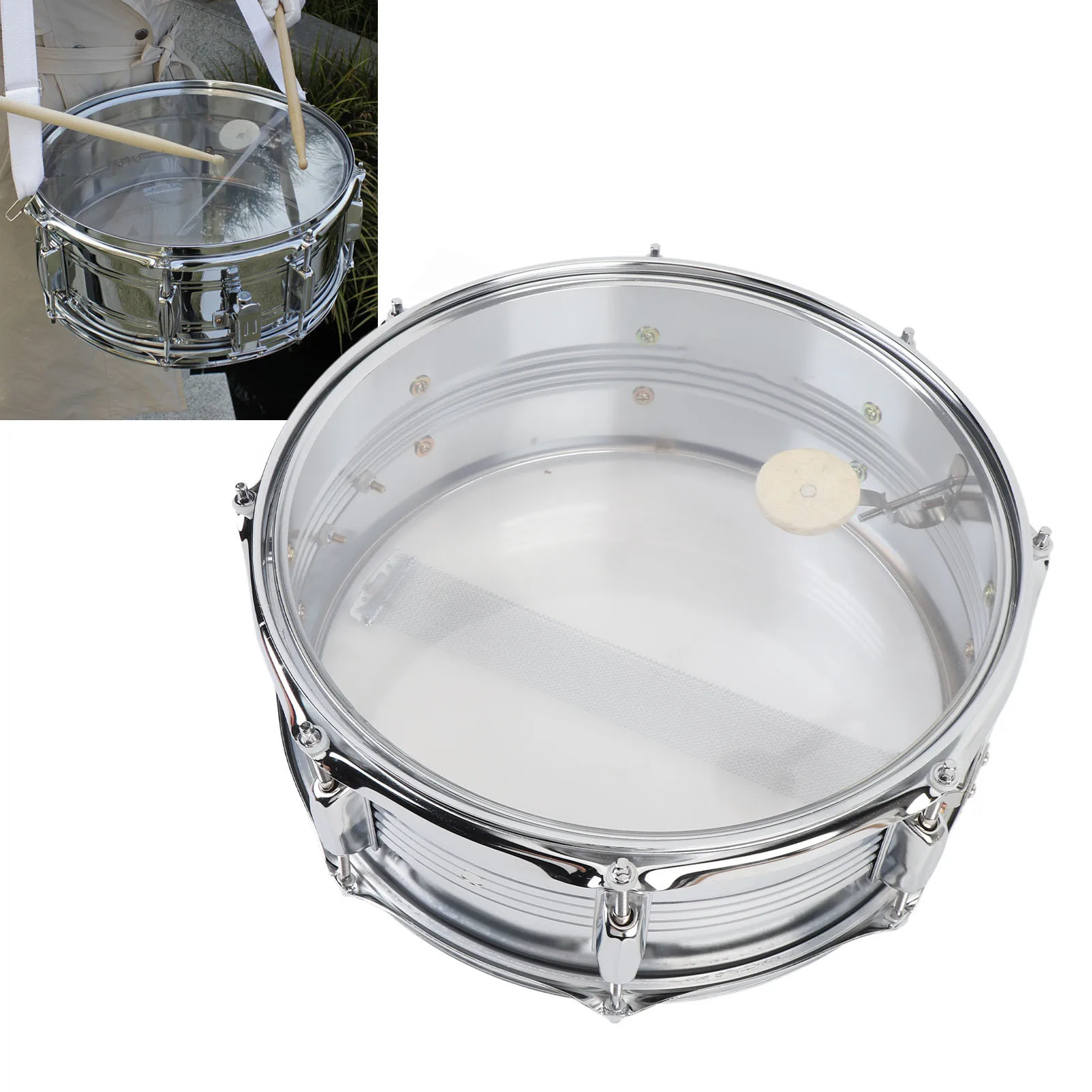 

Барабан-перкуссионный (снейр-драм) 14.6 x 6 дюймов, прозрачный, с наплечным ремнем, для начинающих, для практики и выступлений