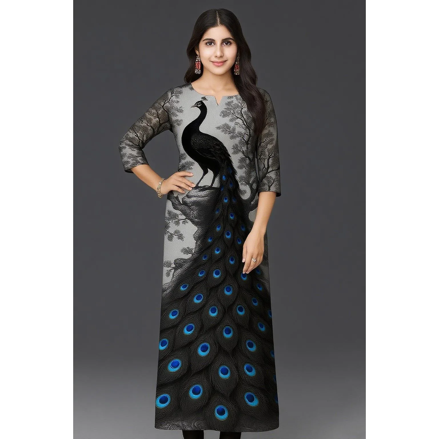 Muslim Dress Kurt Women's Fashionable Long Sleeved Straight Tube Casual Round Neck Picture Multiple National Style