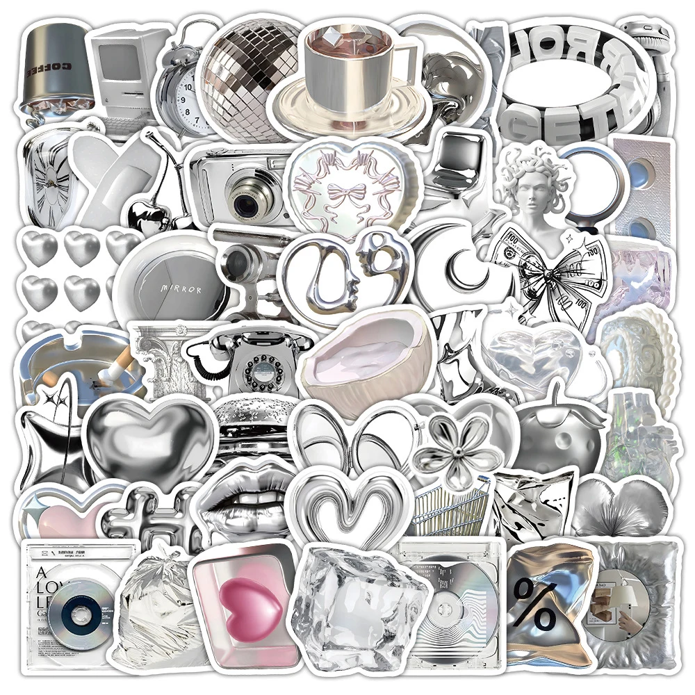 

10/30/50/100pcs Ins Korean Style Shiny Silver Stickers Aesthetic Decoration Decals Luggage Phone Notebook Graffiti Sticker Pack