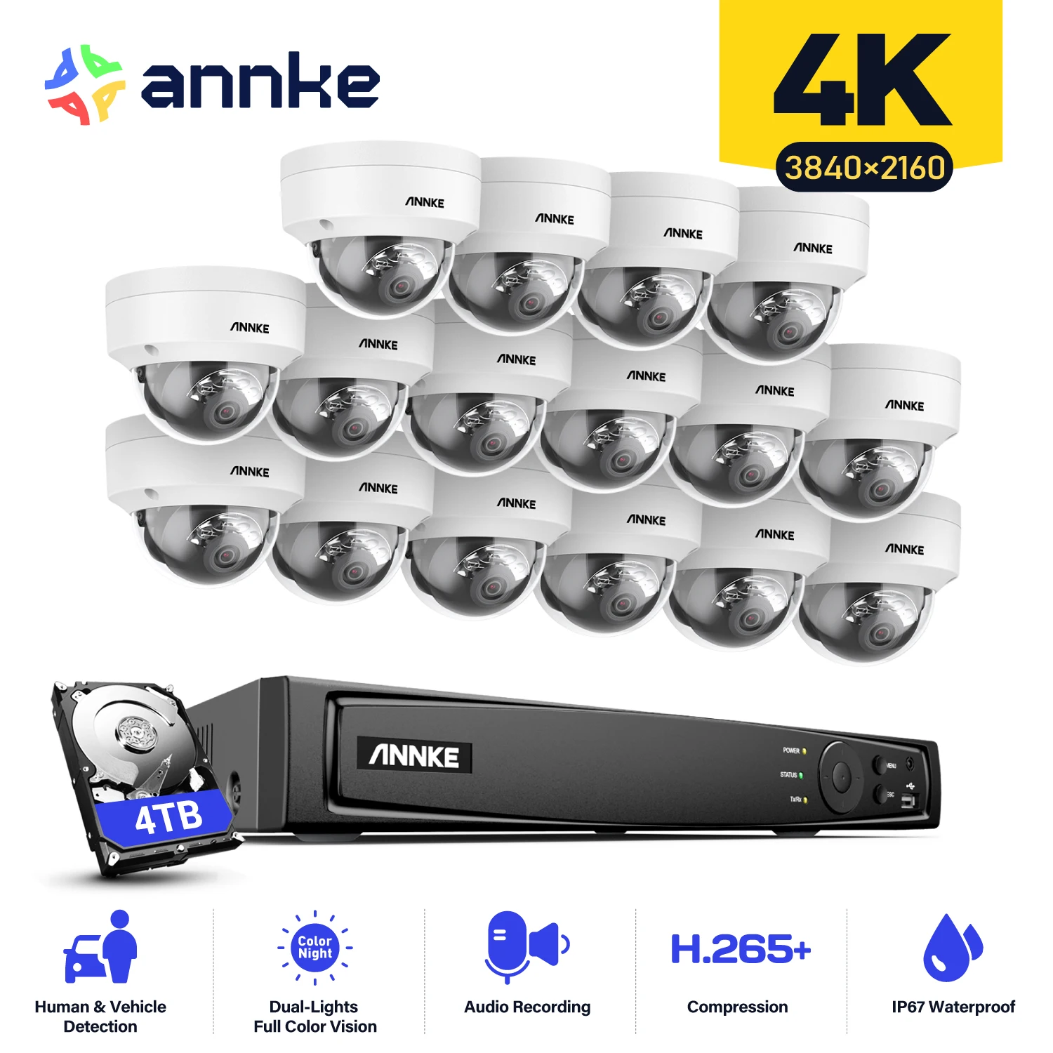 

ANNKE 16CH 4K Ultra HD POE Network Video Security System 8MP H.265 NVR With 16X 8MP 30m EXIR Night Vision Weatherproof IP Camera