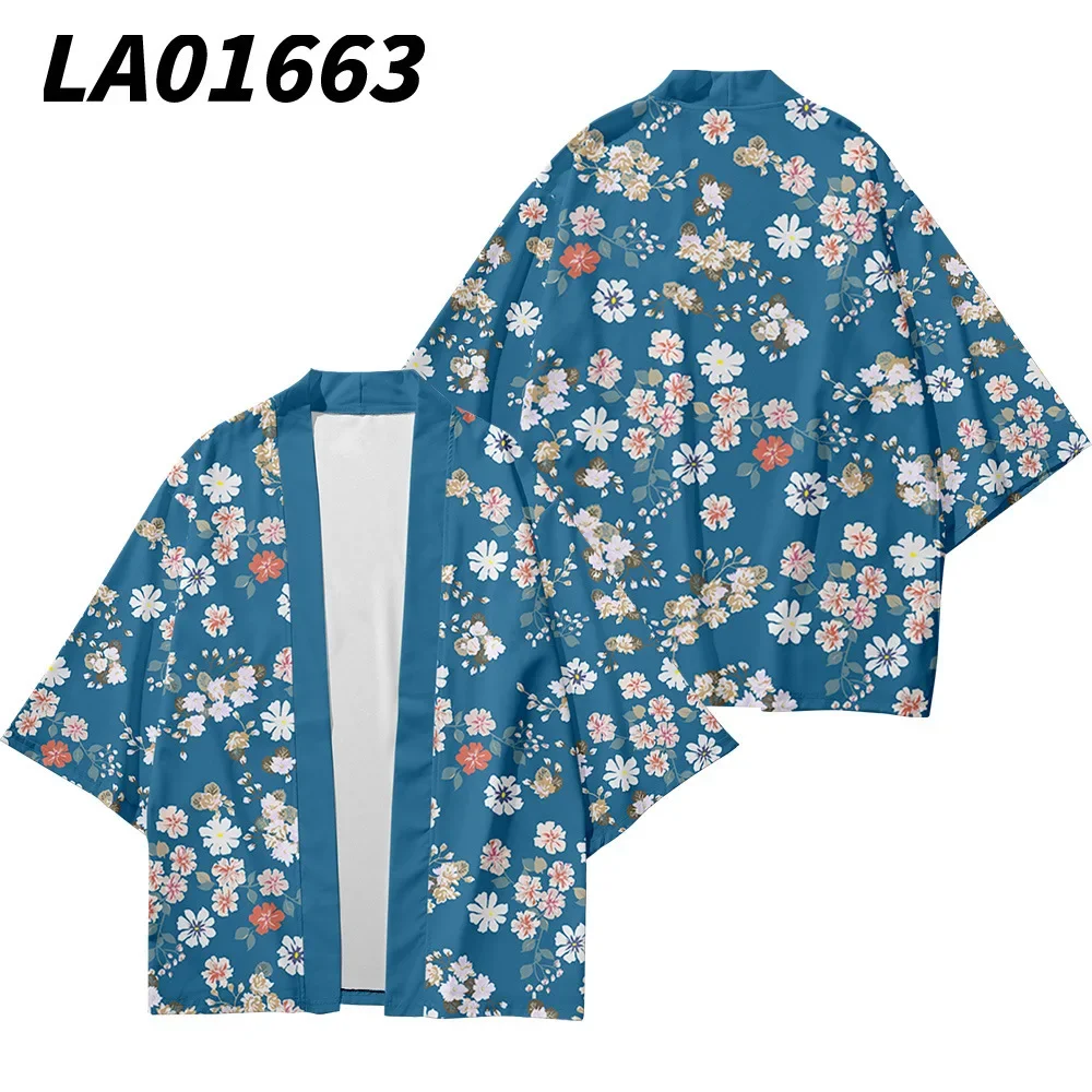 Fashion New Blue Floral Print Japanese Kimono Cardigan Men Half Sleeve Loose Haori Jacket Half Sleeve Open Front Beach Coat