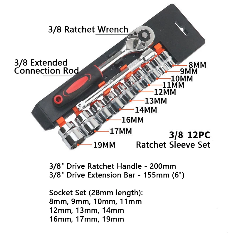 

Набор головок с приводом 3/8 дюйма, 12 шт., 24-зубчатая трещотка CR-V, сталь с удлинителем, 10 розеток 8-19 мм для ремонта автомобилей