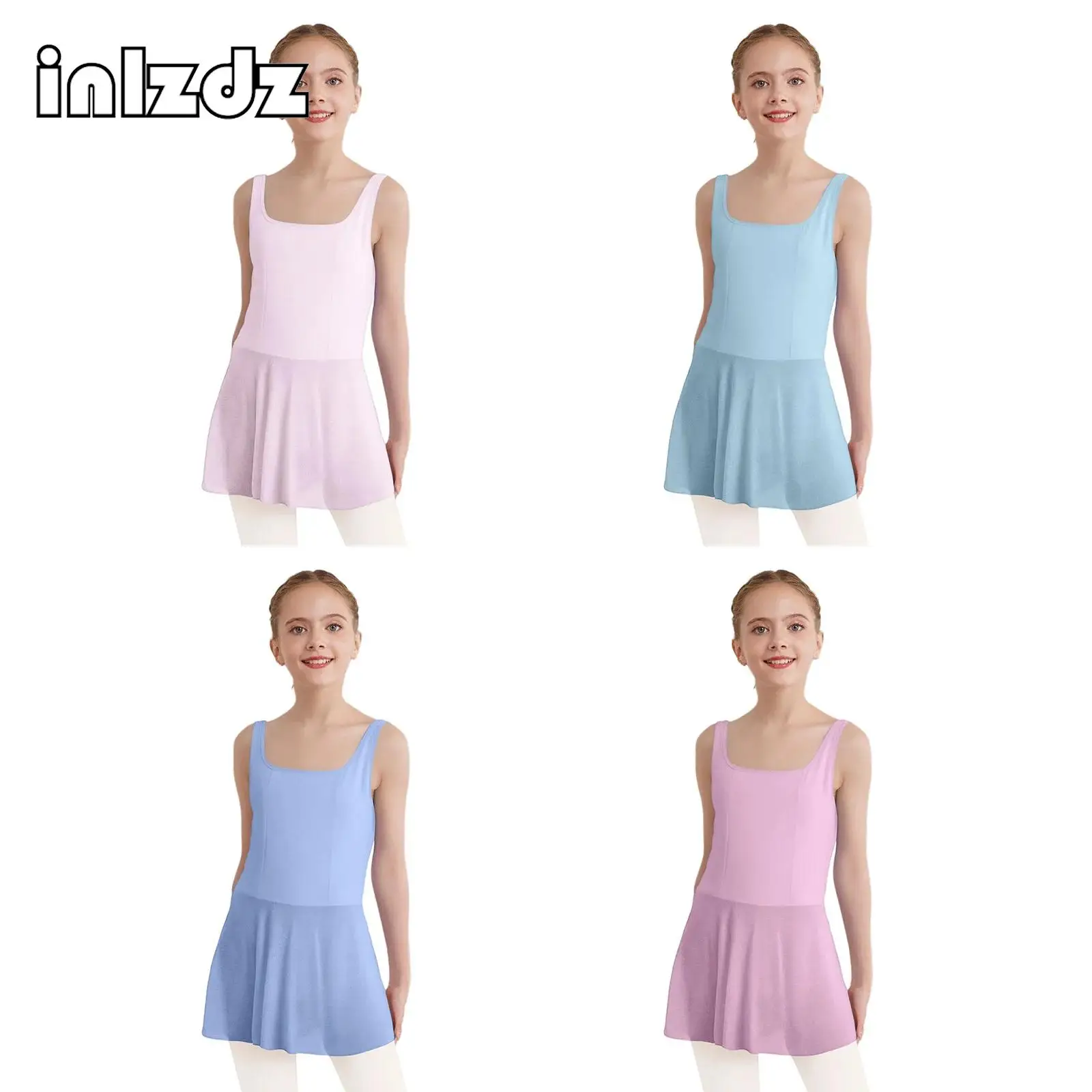 

Gymnastics Ballet Leotard for Girls Skating Dancewear Wide Shoulder Straps Sides Slit Sheer Mesh Hem Dress with Built-in Briefs