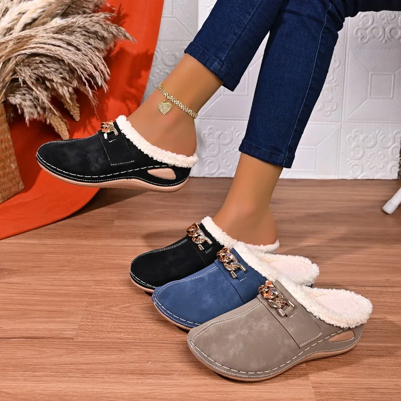 Winter Fashion Chain Decor Retro Round Toe Comfort Women's Mules 2026 New Simple Plush Warm Outdoor Casual Shoes for Women