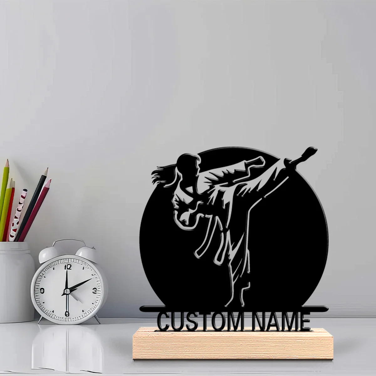 1pc Abstract Karate Personalized Letter Metal Statue Metal Ornament Art Crafts With Wood Base Iron Sculpture For Boys Gifts