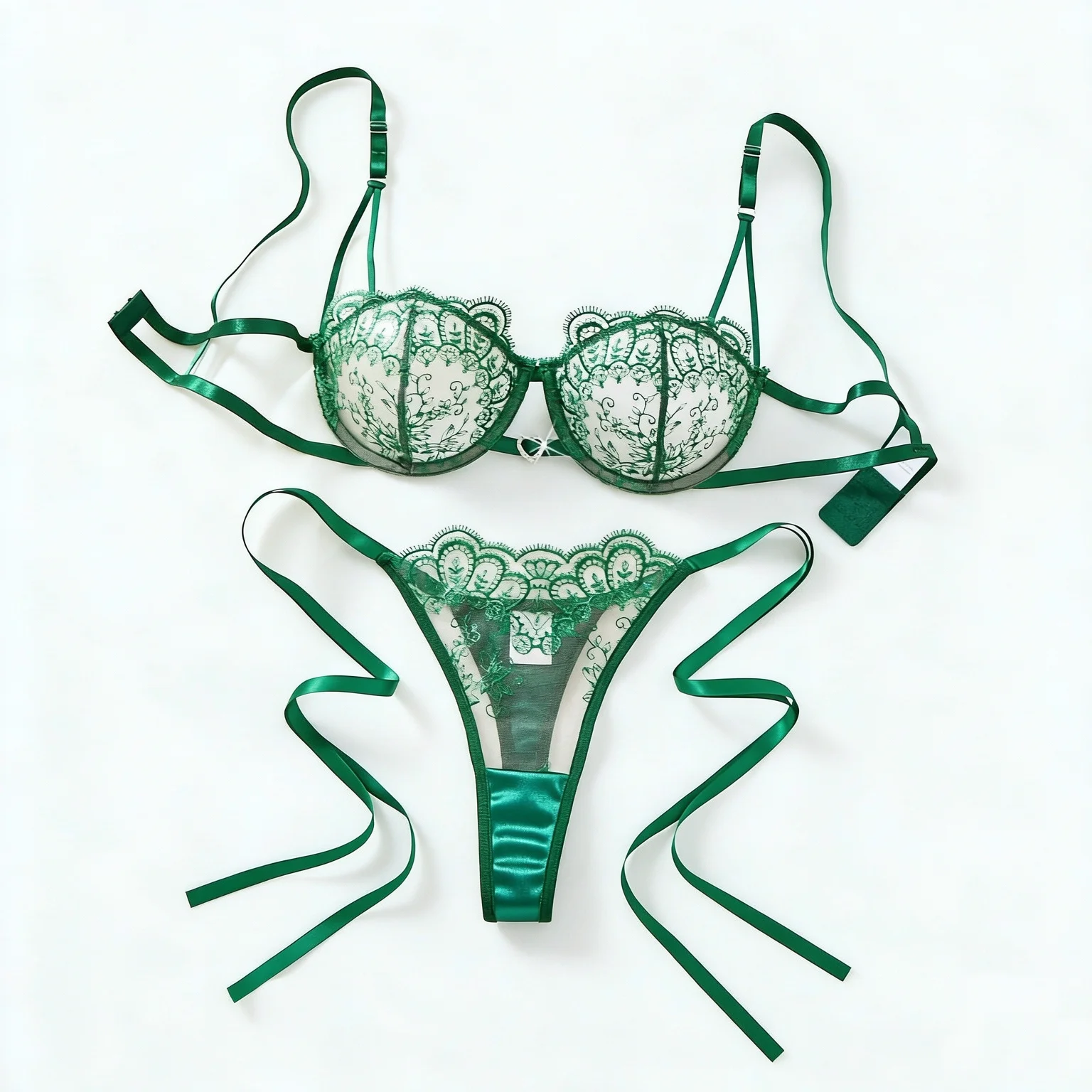 Dark Green Sheer Mesh Lingerie Set Floral Embroidery Crystal Clasp Bra Ribbon Bow Side‑Tie Thong For Ladies ZA825201