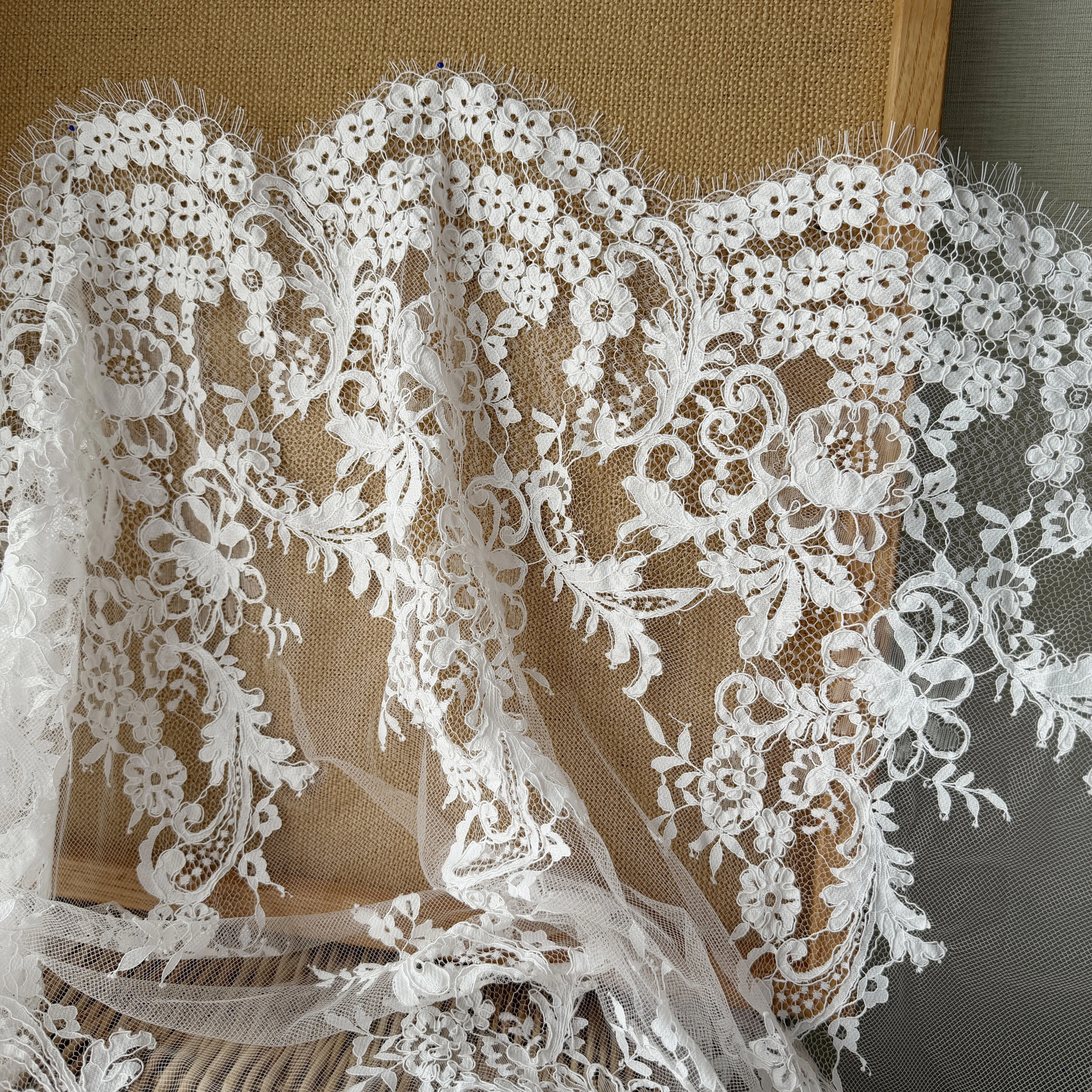 3 Yards French Alencon Lace Fabric Cord Bridal Wedding Floral Embroidery