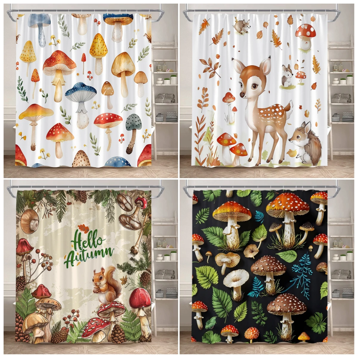 Autumn Plant Mushroom Shower Curtains Cartoon Deer Fox Squirrel Green Leaves Animals Bath Curtain Polyester Cloth Bathroom Decor