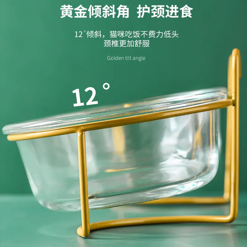 Glass Gold Frame Cat Bowl Anti-Overturning Cat Food Bowl Ceramic Bowl Glass Bowl Rice Double Bowl Cat Food Bowl Pet Cat Supplies