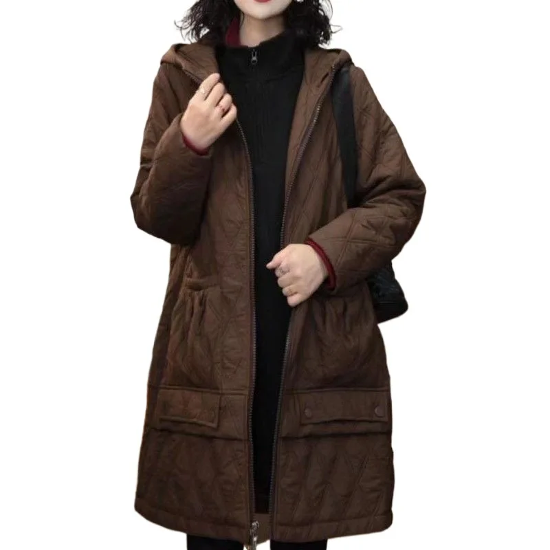 

2025 женское длинное стеганое хлопковое пальто, свободное однотонное пальто в повседневном стиле