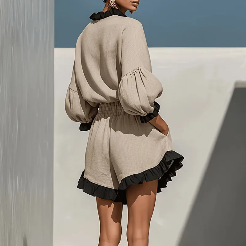 Boho Contrast Ruffle 2 Piece Sets Ladies Lantern Sleeve Blouse & High Waist Shorts Outfits Loose Vacation Daily Casual Tracksuit view 3