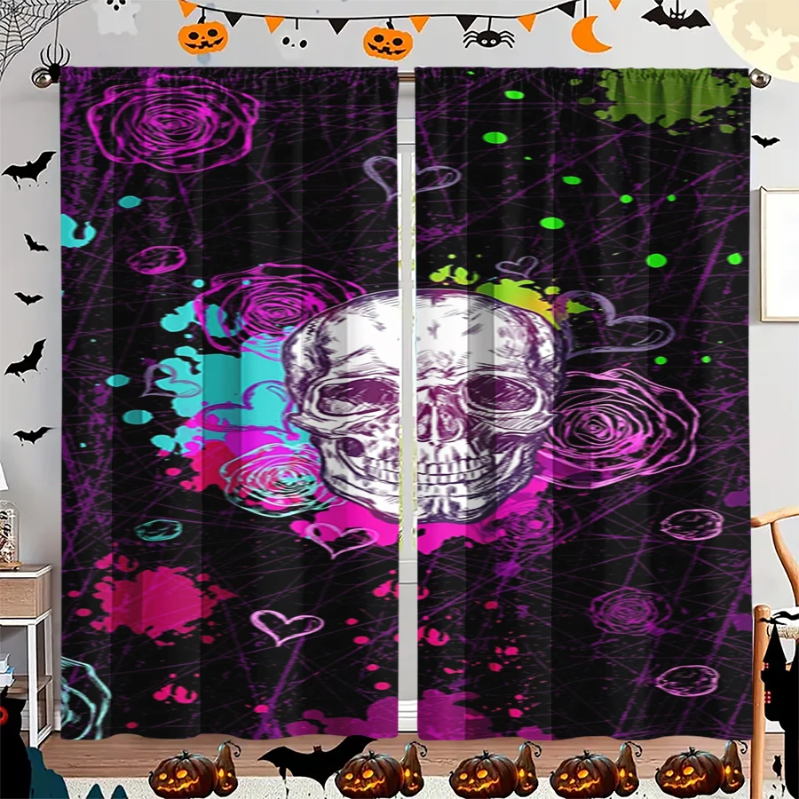 2PCS Digital Print Curtain, Splatter Skull Rose Heart Paint Black, Punk Rock Gothic for Living Room Bedroom Kitchen Decor