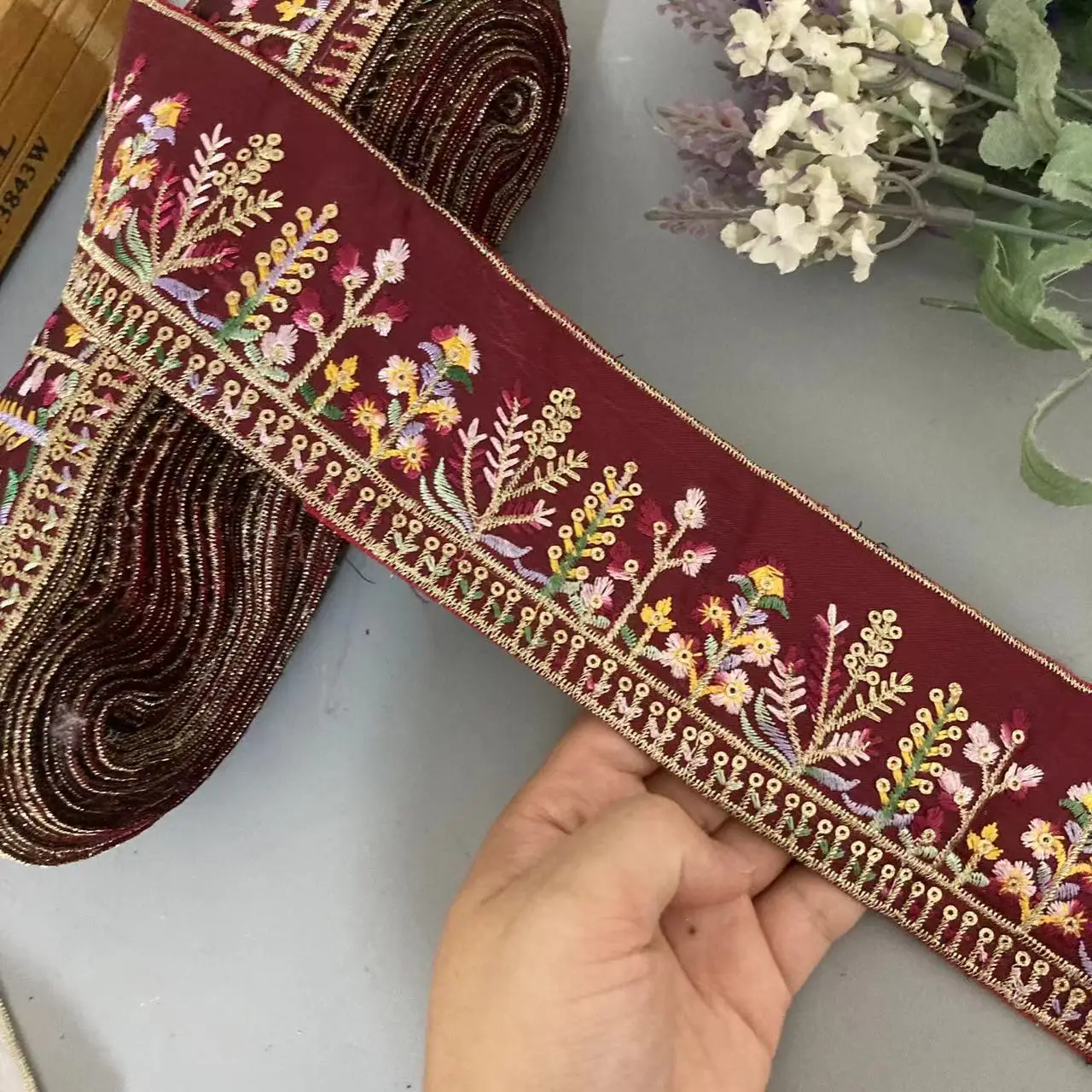 1 Yard Dull Red 6.5cm Embroidery Lace Ribbon Trims Sewing Diy Vintage Ethnic Style Flower Sequin Dress Skirt Accessories Webbing