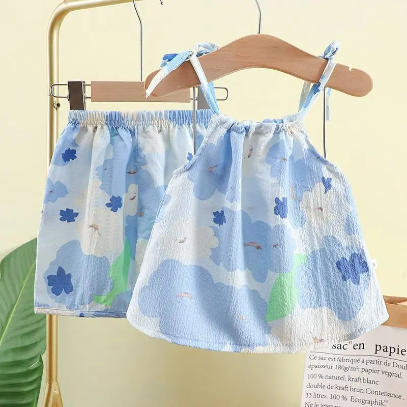 2026 Spring Summer New Oil Painting Suspender Set for Girls Cool Two-piece Set for Baby Stylish Vest Shorts Set