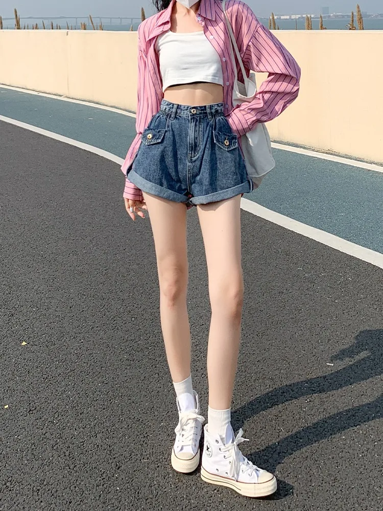 High Waist Denim Shorts Women Summer Thin Retro A-Line Student Turn-Up Wide Leg Hot Pants Trendy Light Blue Cotton Polyester ...
