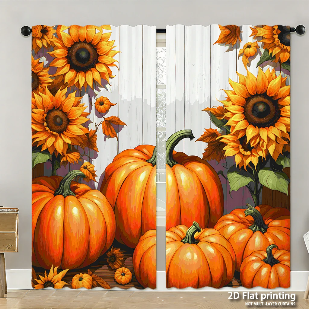 2-piece set of high-definition digital printed curtainssunflowers orange pumpkins autumn style home decor cross