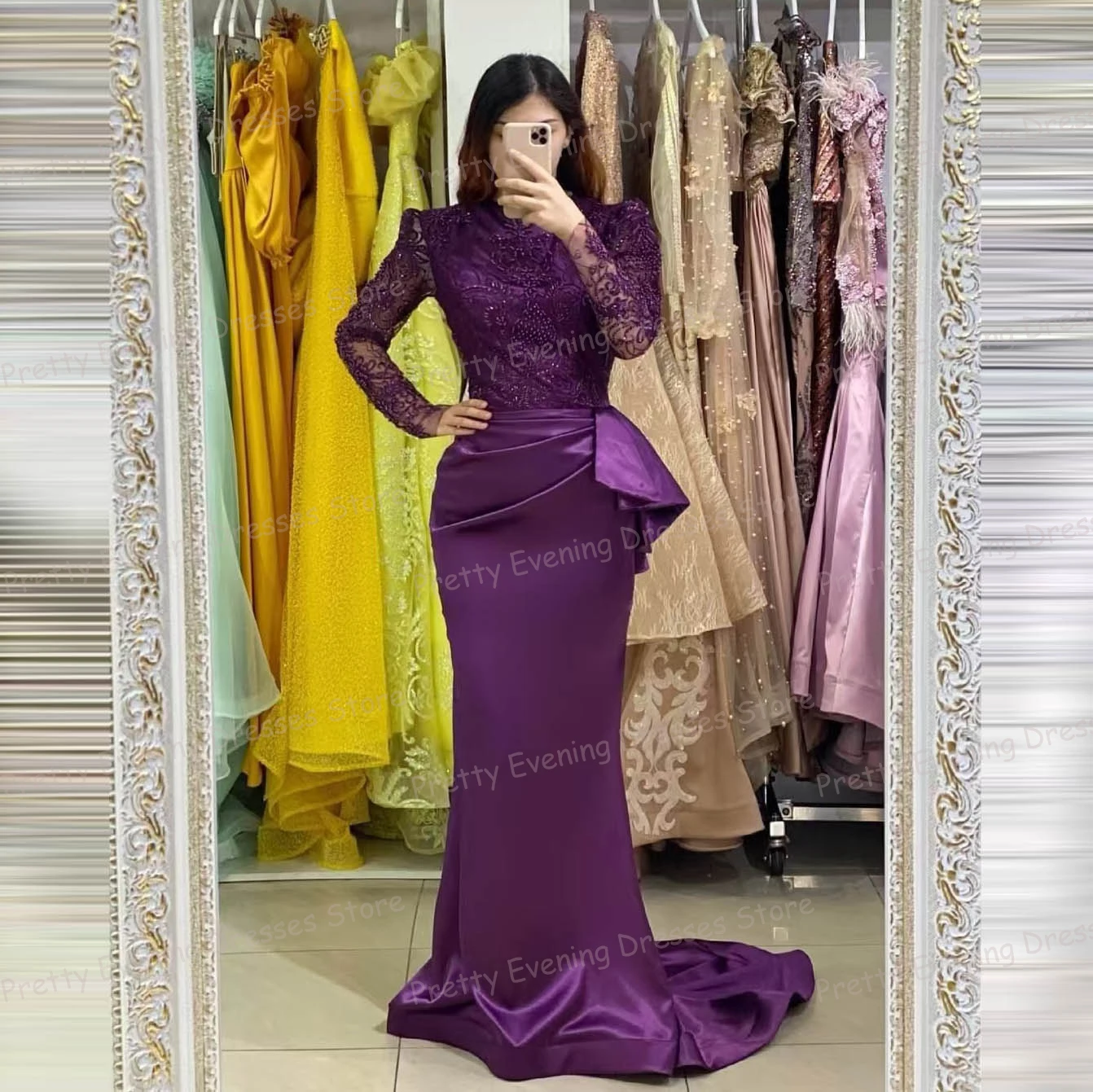 Luxury Evening Dresses Gorgeous Appliques Long Sleeve Sexy Pleat Satin Party Prom Growns Fashion Vestidos De Noche Customized