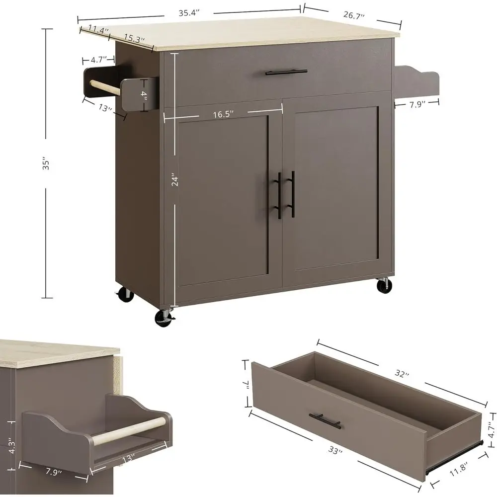 جزيرة مطبخ من الخشب الصلب بقدرة 47 وات مع أوراق شجر متدلية، درج، تخزين، رف توابل ومنشفة، رمادي داكن