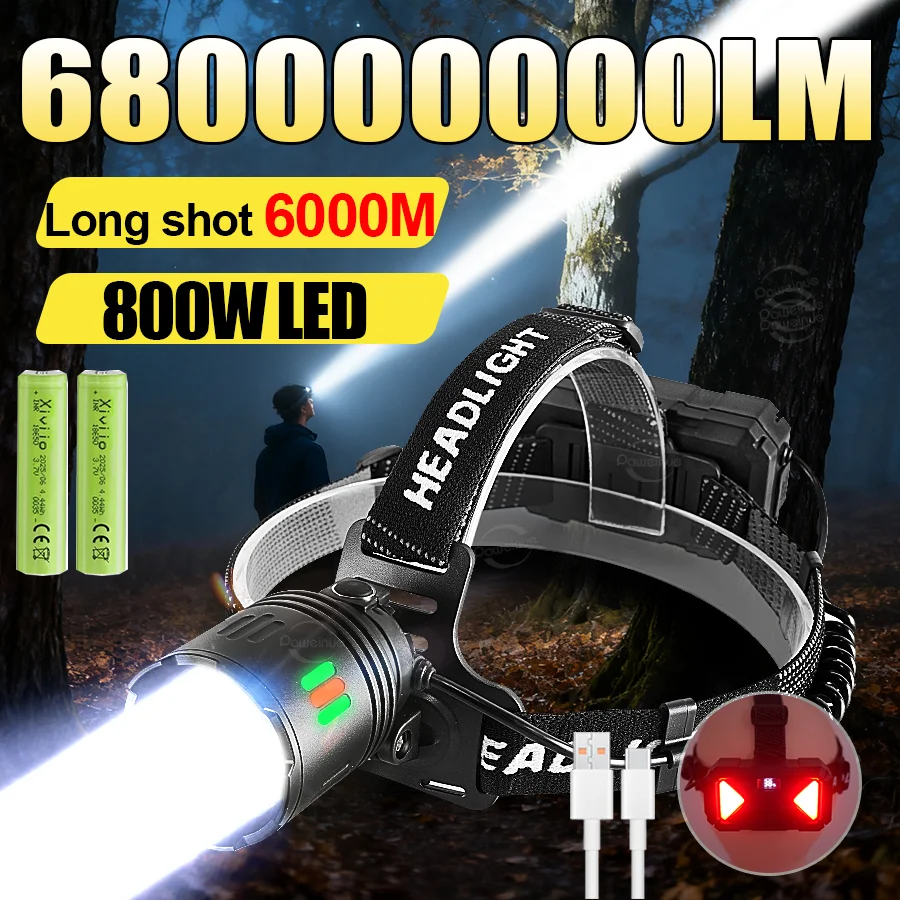 

Мощный налобный фонарь 800 Вт, светодиодный сенсорный налобный фонарик, фара дальнего действия, перезаряжаемый налобный фонарь, налобный фонарь для рыбалки, кемпинга