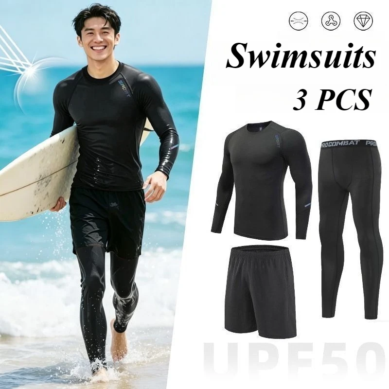 Men's Loose swimsuit Fit Swim Two-Piece Suits Quick-Dry Trunks & UPF 50+ Long Sleeve Rash Guard for Swim Sun Protection