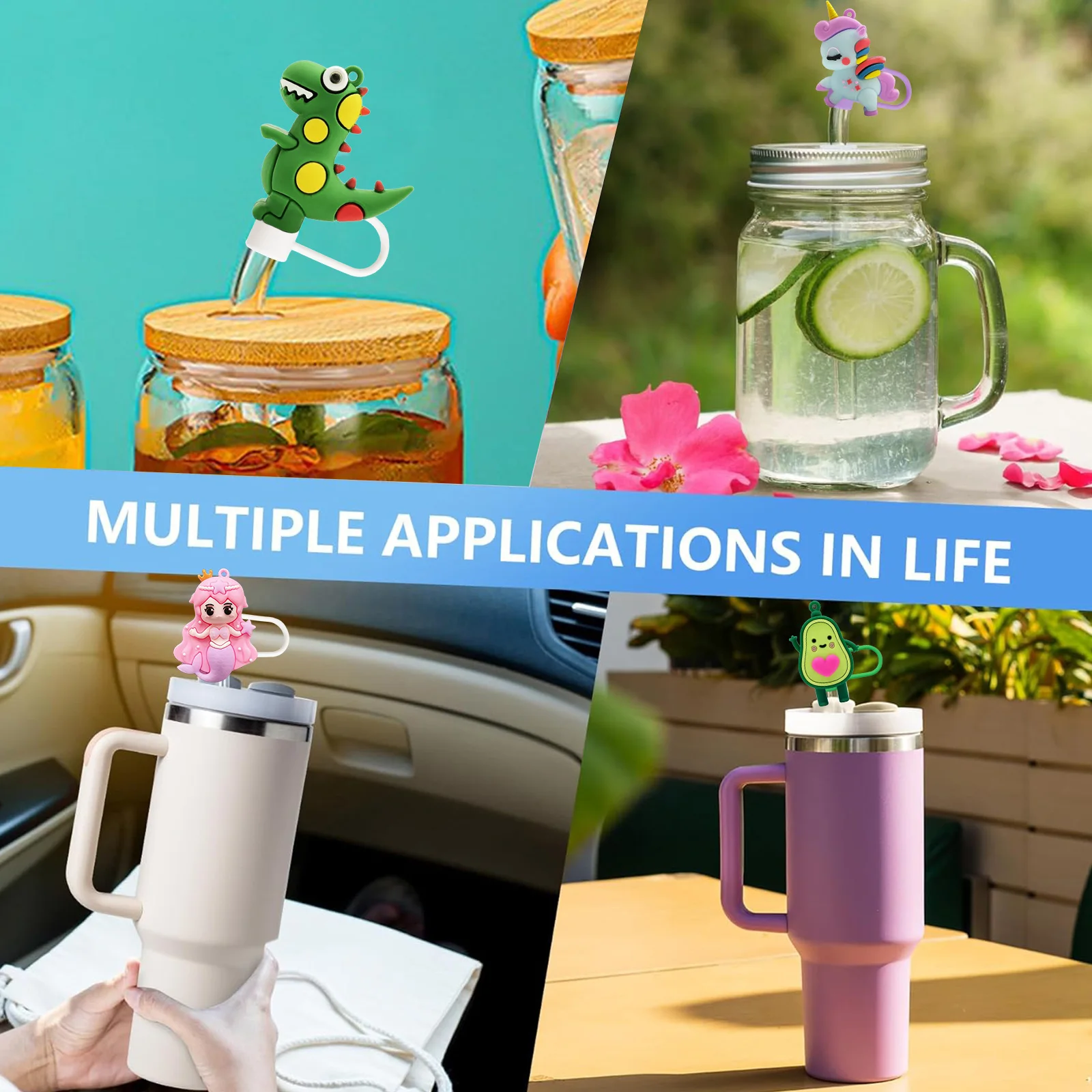 Silicone Straw Cover Caps Topper ,Cute Funny unicorn，mermaid，panda，avocado，owl，dinosaur ， Dust-Proof Reusable Straw Tips Lids