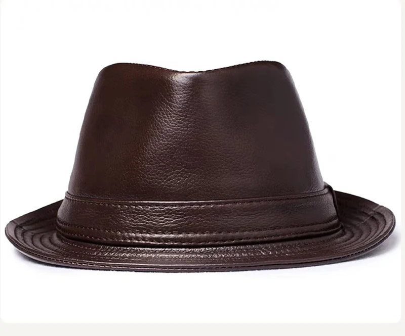 New Man High Quality Genuine Leather Cowhide Formal hat Gentleman Cow Skin Short Brim Black/Brown Top Hat Male Shows Gentleman